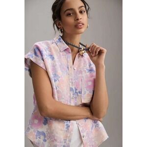 anthropologie Cloth & Stone Linen Blend Surf Shirt Size L Watercolour Floral